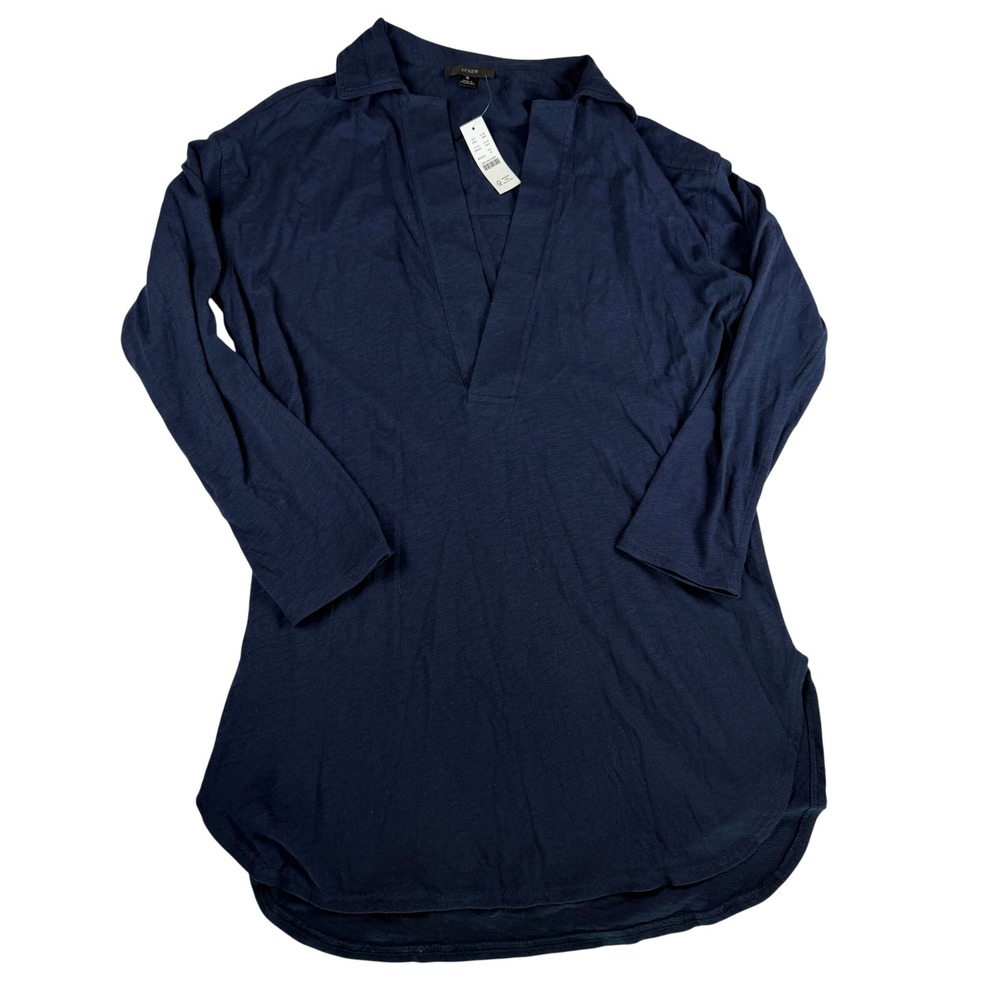 J.Crew Womens Navy Slub Cotton V-Neck Tunic Top BH543 Long Sleeve S